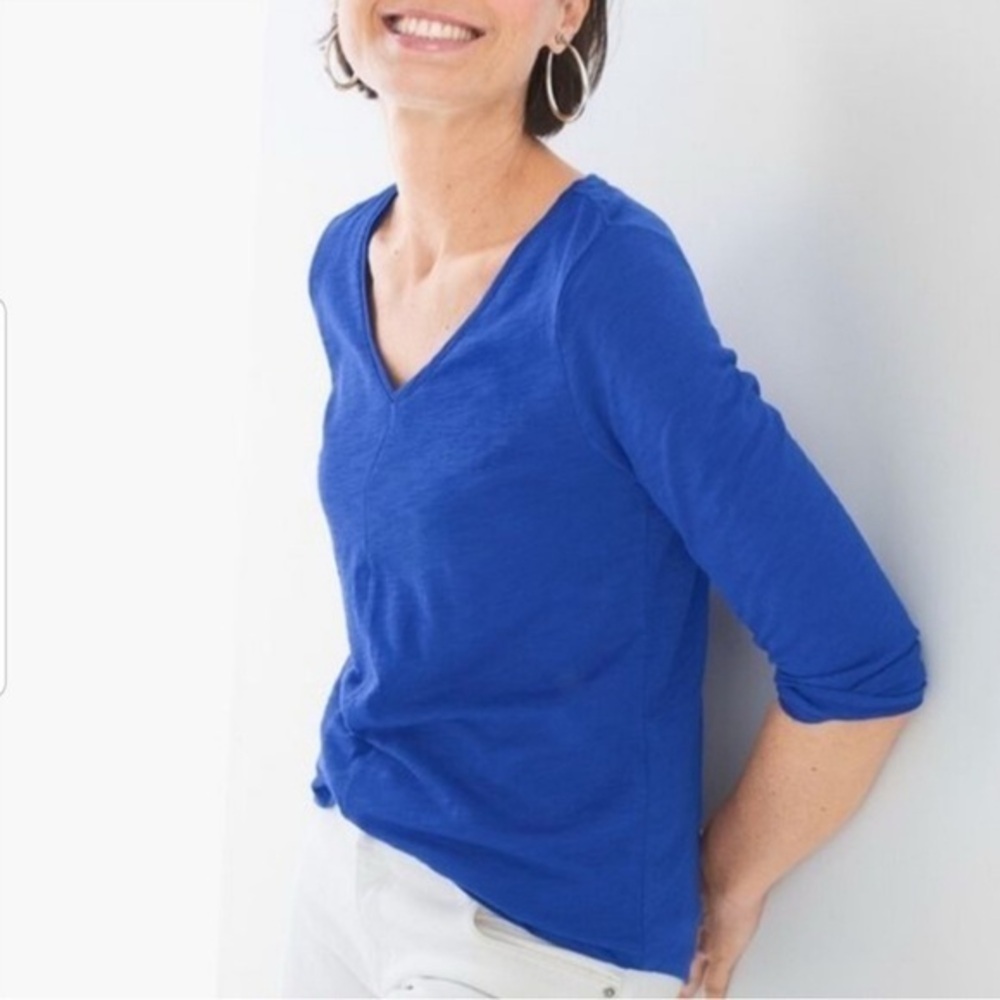 Chico's Ultimate Tee V-neck 3/4 Sleeve Pima Cotton Blue Tunic Sz Lrg